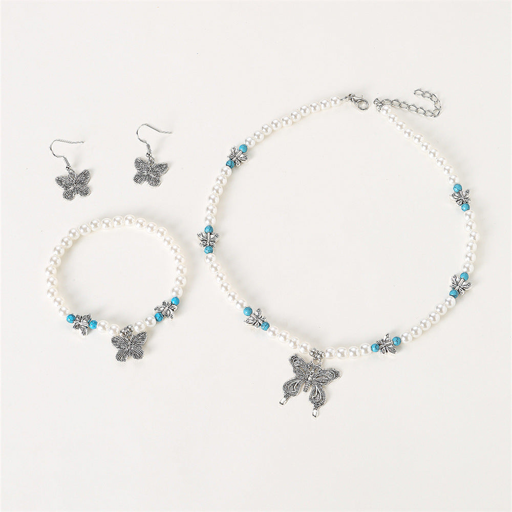 Set Collana con Ciondolo Farfalla Minimalista per Ragazze, Catena in Lega con Accenti di Perle, Gioielli per Bambini Stile Dolce