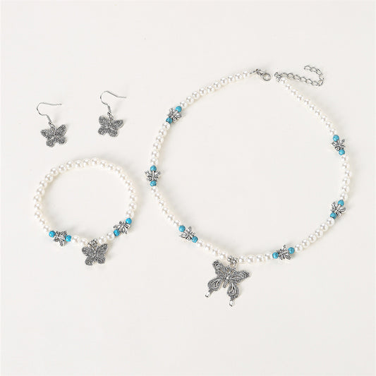 Minimalist Butterfly Pendant Necklace Set for Girls Alloy Chain with Pearl Accents Sweet Style Children's Jewelry