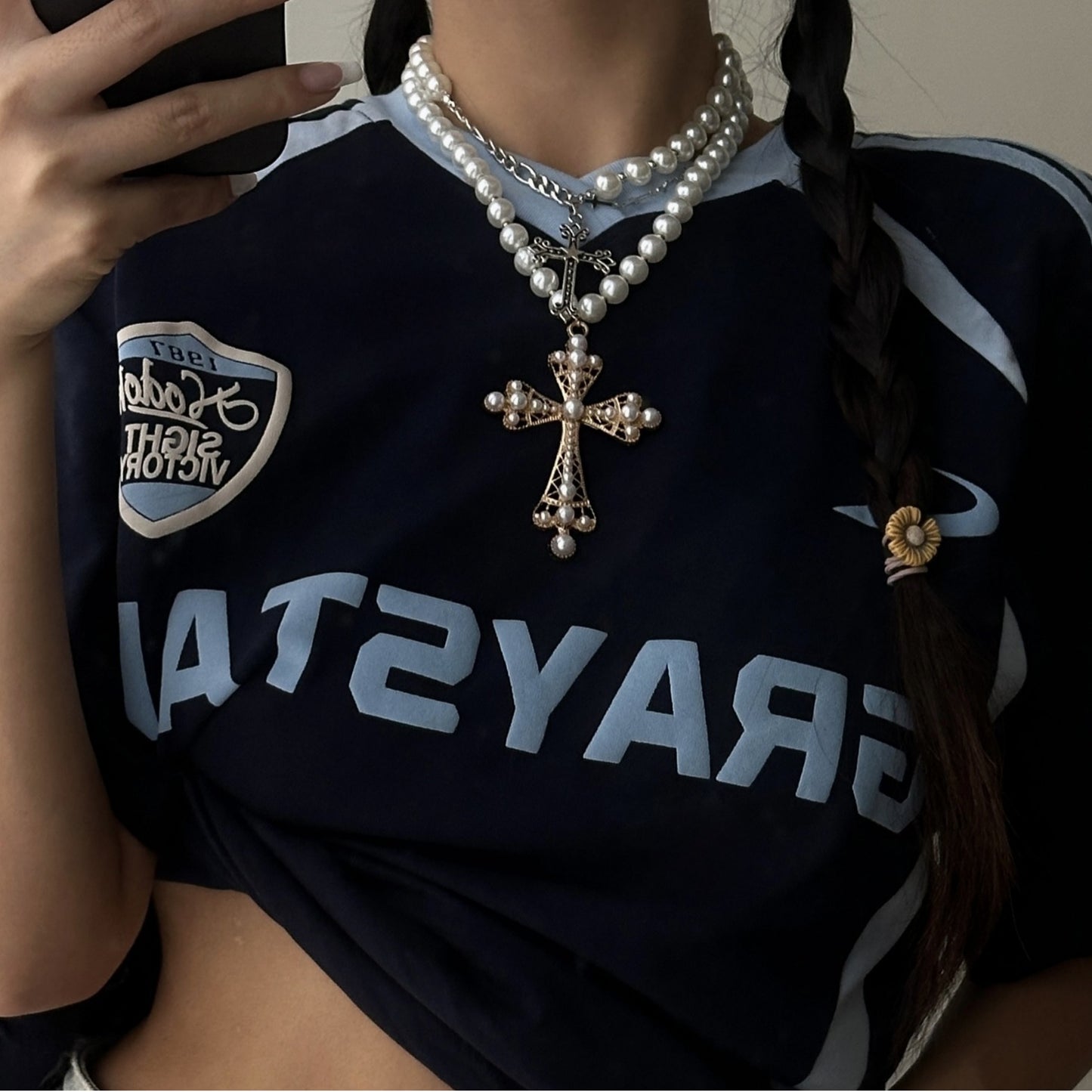 Fashion Multi-Layer Geometric Cross Rhinestone Inlay Alloy Pendant Ball Chain Necklace for Women