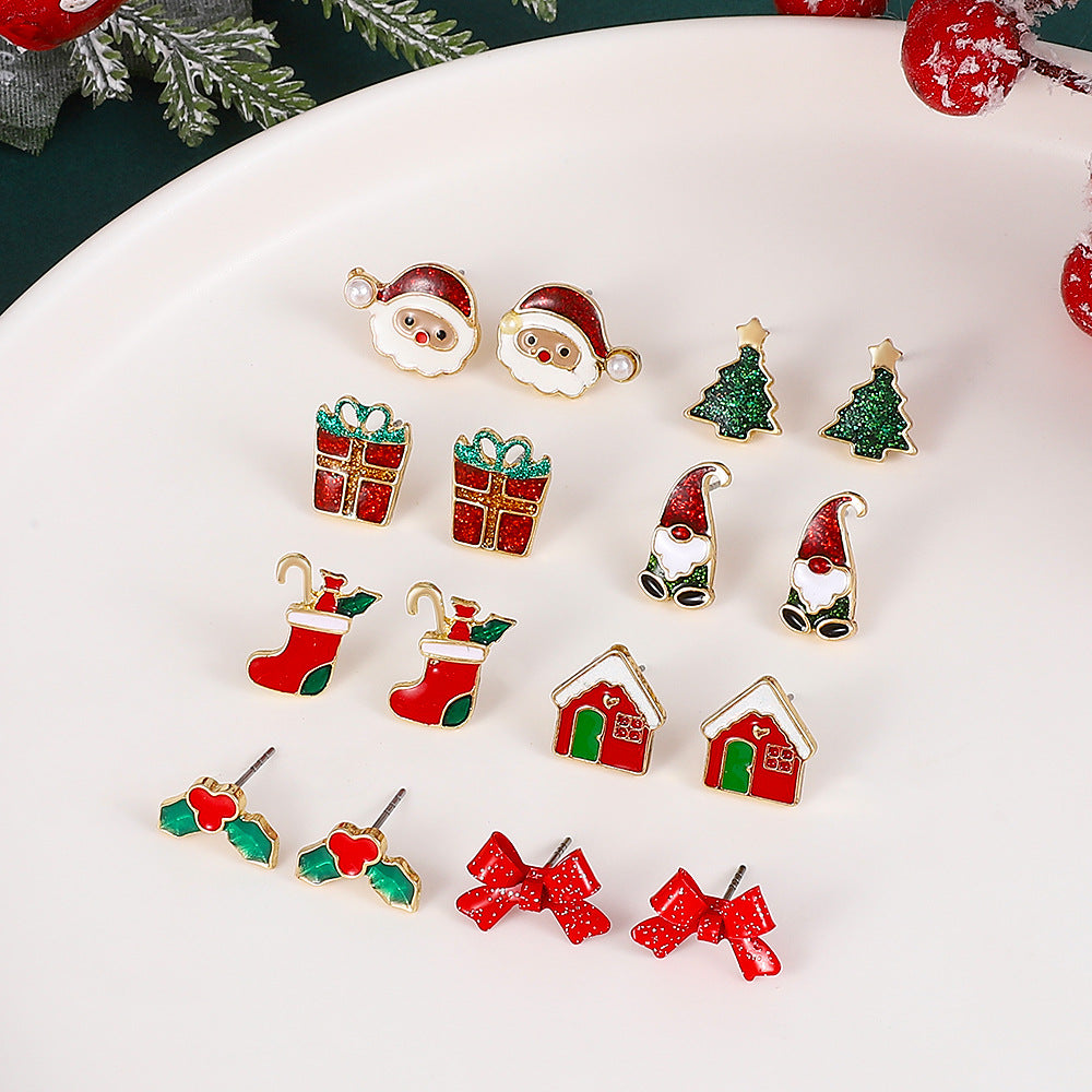 Juego de pendientes navideños para mujer con dijes esmaltados de Papá Noel y árbol, aretes de aleación con postes de oro de 14 quilates