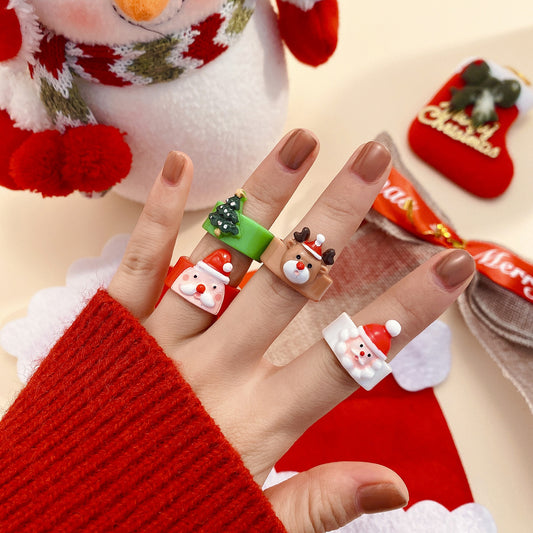 Rustic Chic Acrylic Christmas Santa and Reindeer Ring with 3D Geometric Tree Design for Women