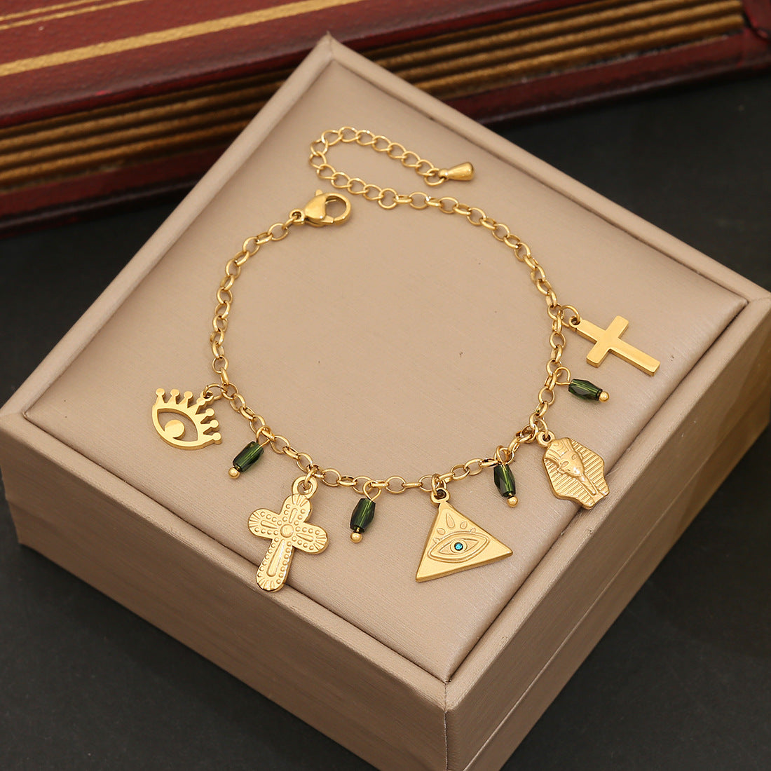 Bracciale in Acciaio Inossidabile con Croce, Stella a Otto Punte e Design a Foglia, Stile OL alla Moda