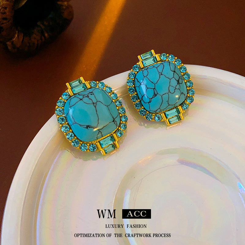 Vintage Geometric Turquoise-Inlaid Stud Earrings with Rhinestone Accents for Women
