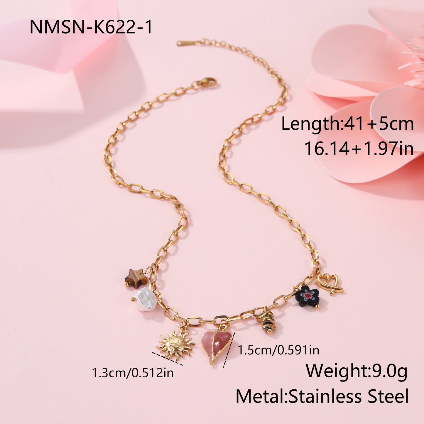 Fashionable Heart and Sun Pendant Necklace in Stainless Steel with Plated Finish for Women