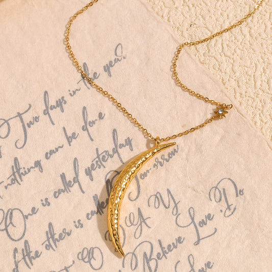 Vintage-Inspired Crescent Moon Pendant Necklace for Women in Stainless Steel with 18K Gold Plating, Minimalist Geometric Design