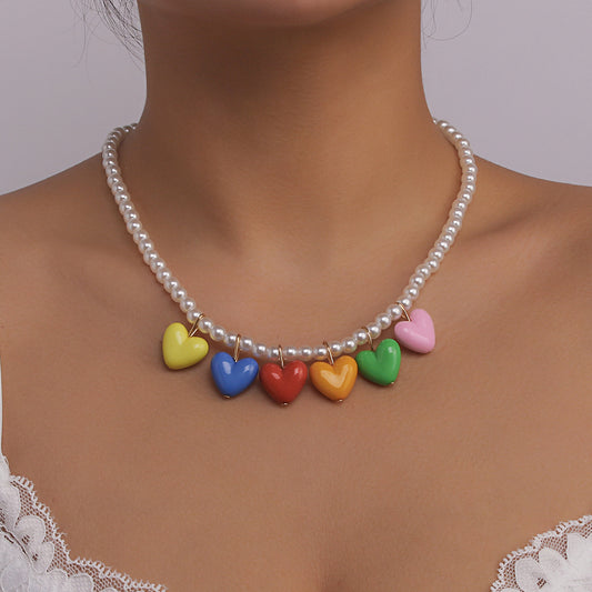Cute Heart-Shaped Alloy Necklace with Imitation Pearl and Resin Pendant on Beaded Chain