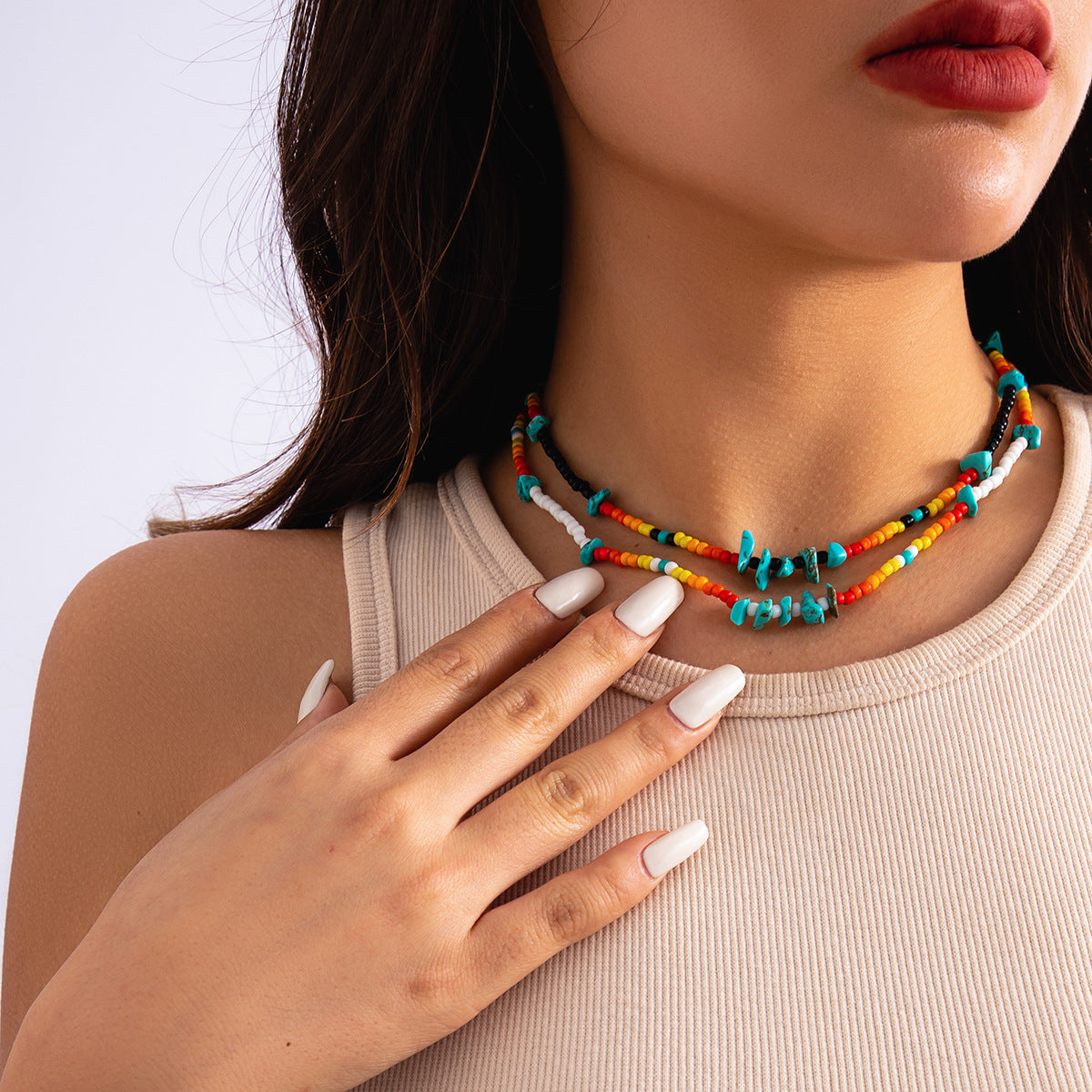 Handmade Bohemian Style Geometric Turquoise Beaded Necklace with Irregular Resin Beads on Round Ball Chain for Women