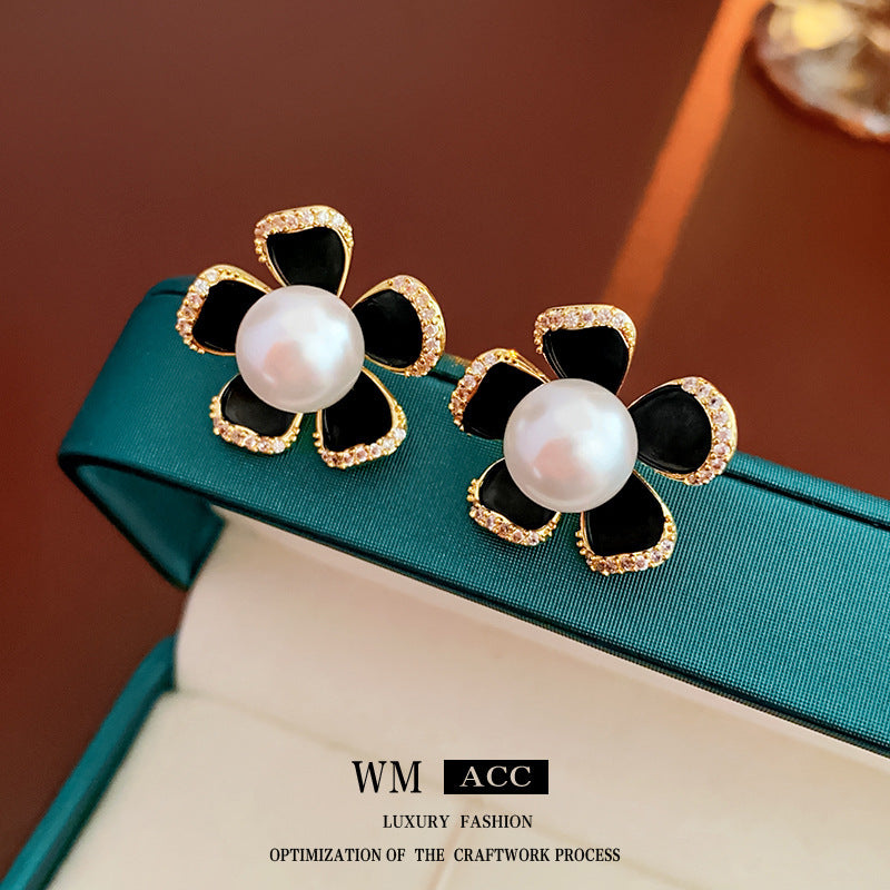 Vintage Geometric Earrings with Black Enamel and Pearl Accents on 925 Sterling Silver Posts