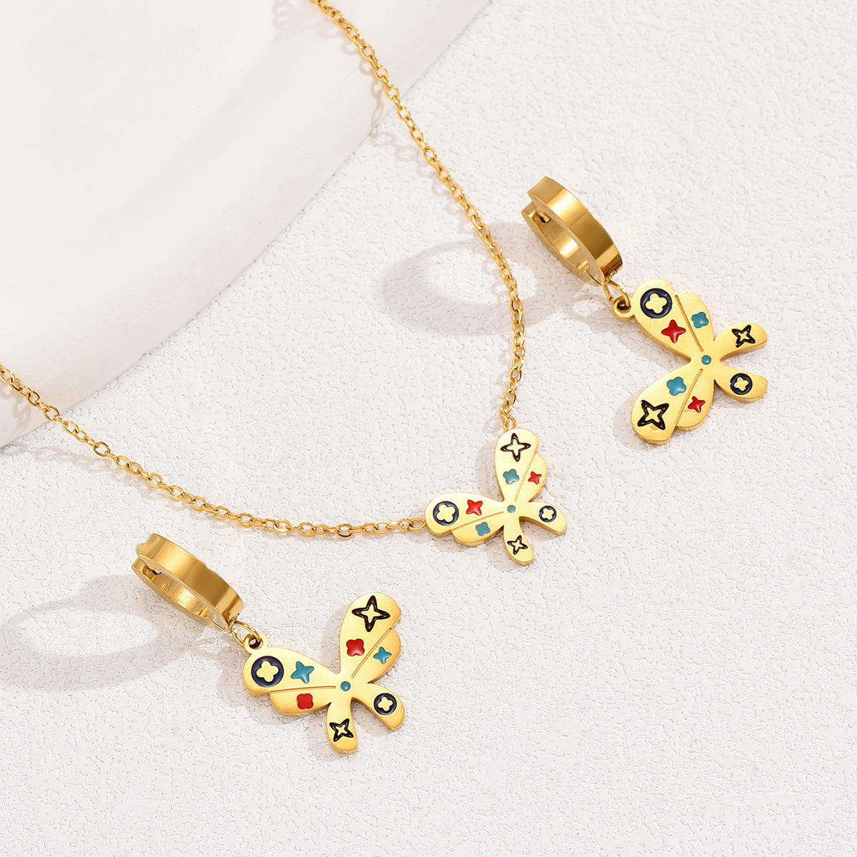 Minimalist Butterfly Knot Pendant Necklace and Earrings Set in Copper with Enamel Finish for Women
