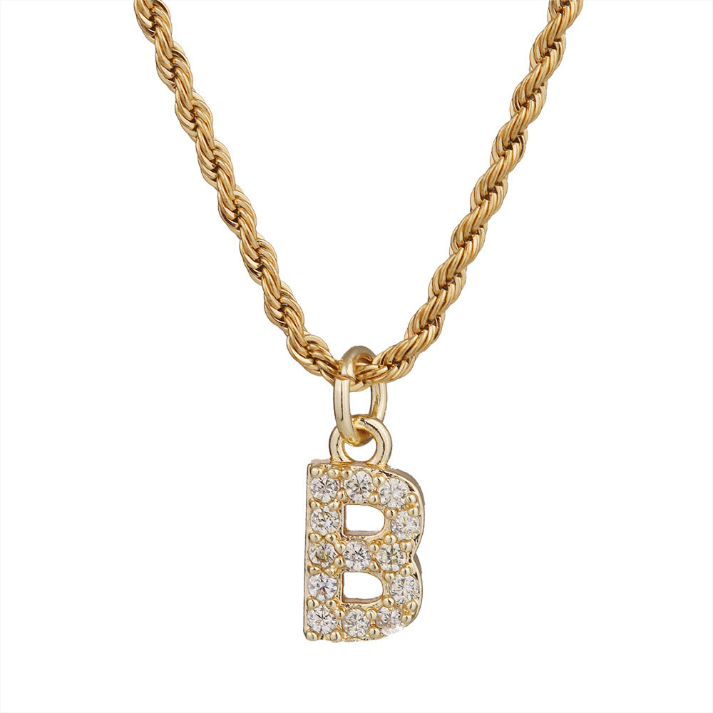 Collar con colgante de letra para mujer, minimalista, de moda, cadena trenzada de acero inoxidable con baño de oro e incrustaciones de circonita