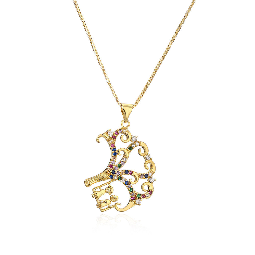 Minimalist Butterfly Life Tree Pendant Necklace for Women in Copper with Gold Plating and Zircon Inlay