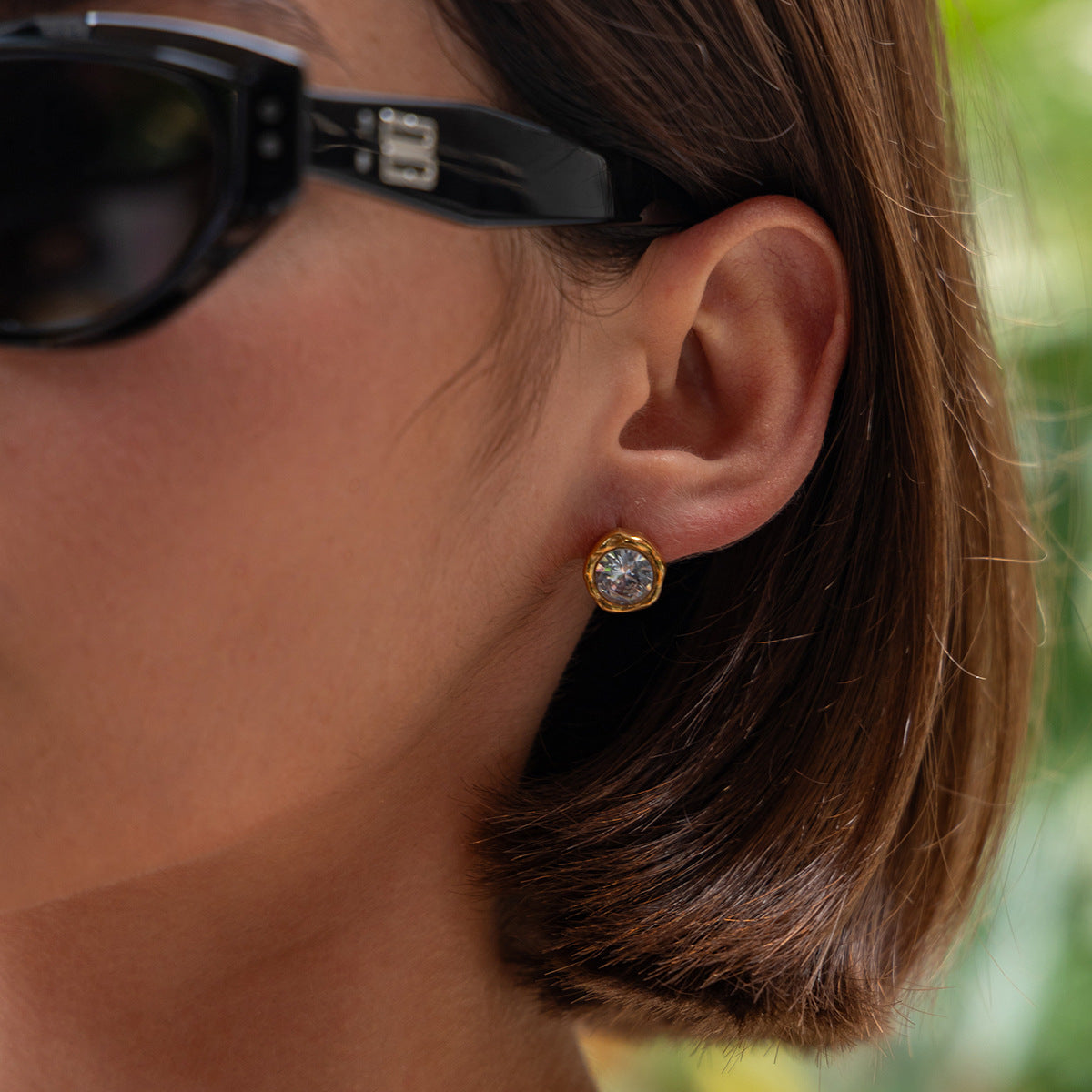 18K Gold Plated Stainless Steel Oval Stud Earrings with Rhinestone Inlay for Women