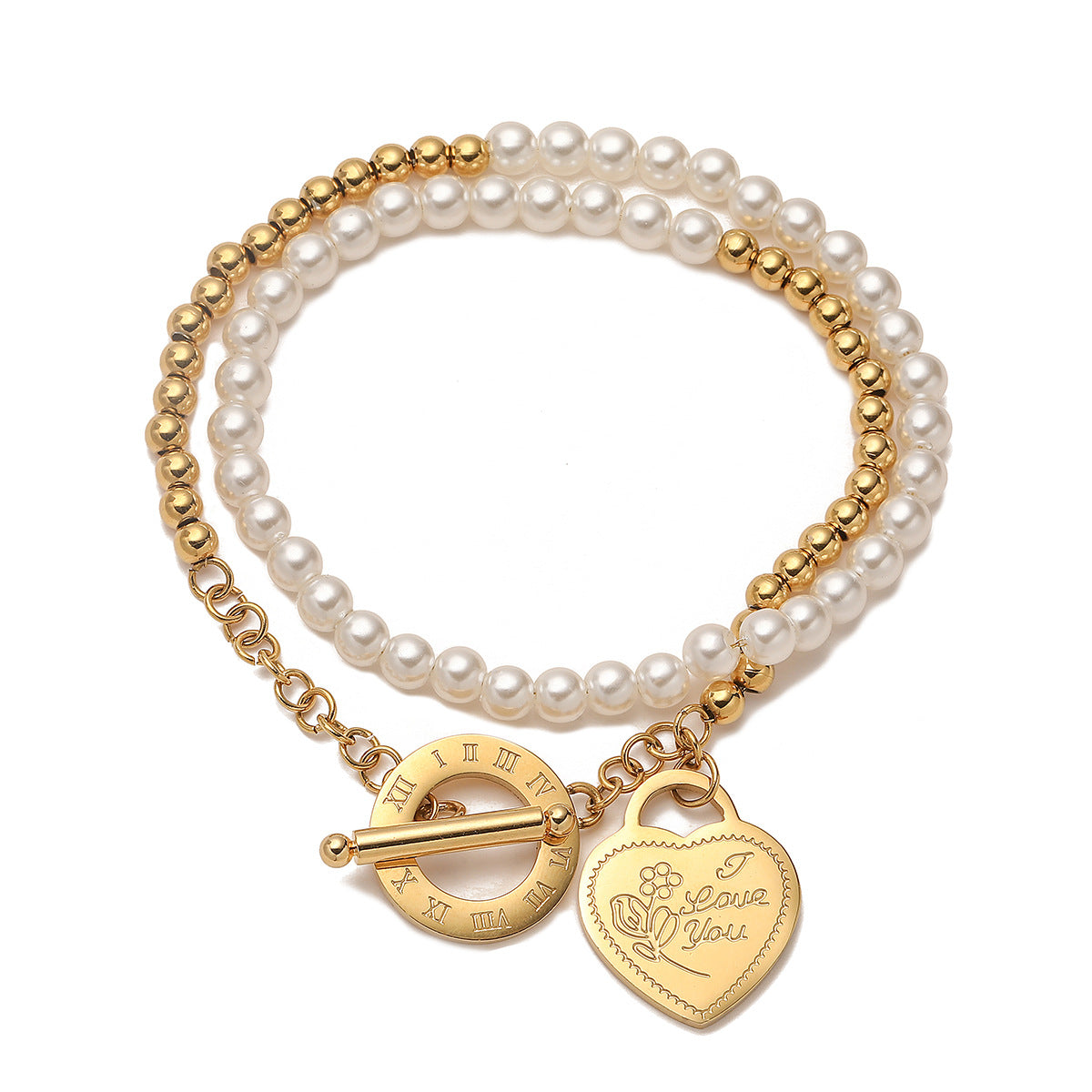 Vintage Heart-Shaped Plated 18K Gold Stainless Steel Pearl Bracelet for Women Fashionable Double Loop Wristband