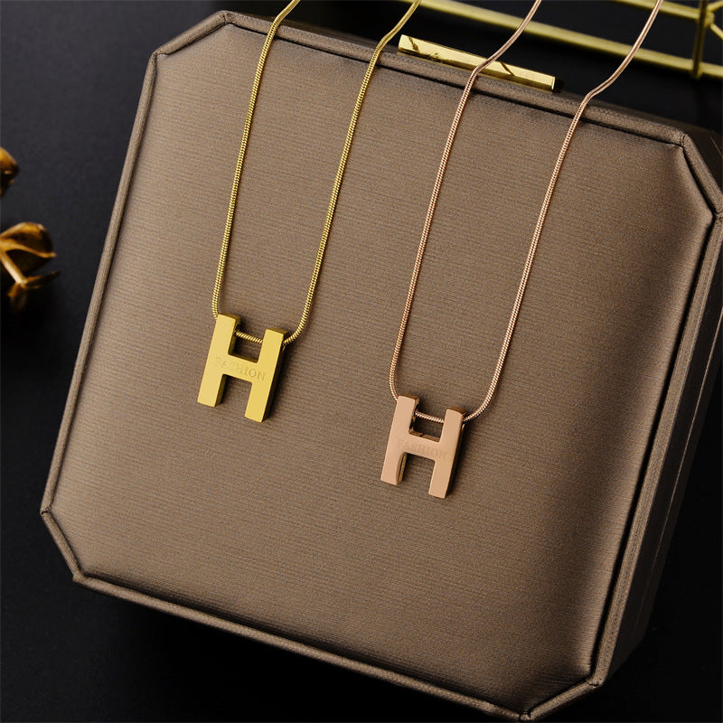 Minimalist Letter H Pendant Necklace in Titanium Steel with Plated Finish for Women