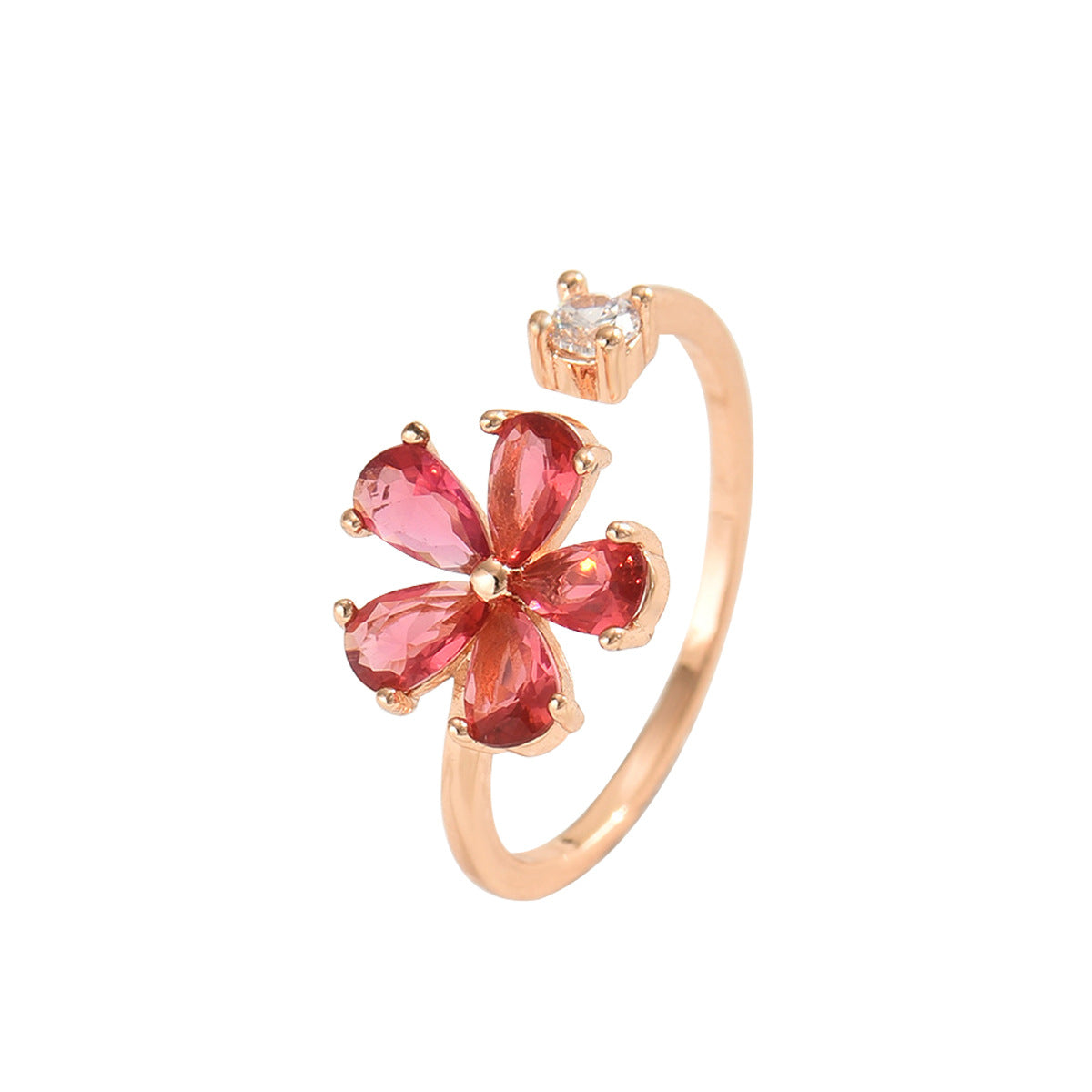Dulce Anillo de Cobre Minimalista Floral con Incrustaciones de Circones y Banda Abierta Ajustable para Mujer