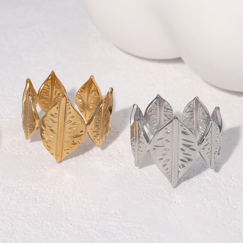 Minimalist Leaf-Shaped Stainless Steel Adjustable Open Ring for Women with Gold Plating