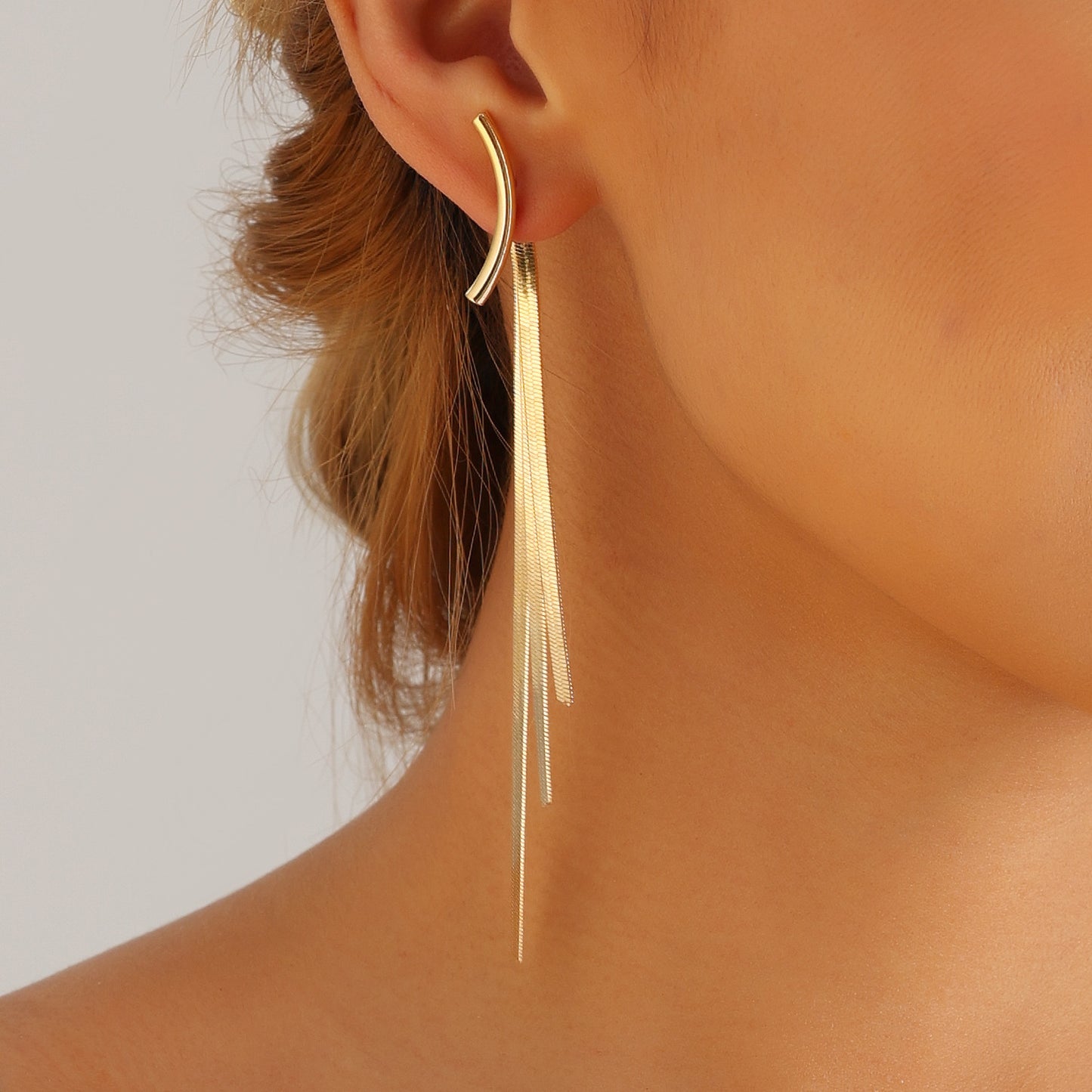 Minimalist Cold-Tone Geometric Metal Snake Chain Long Dangle Earrings with Plating Finish