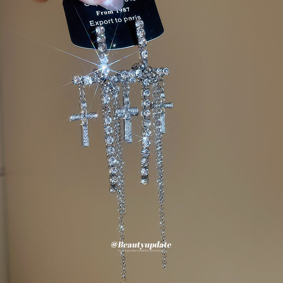 Pendientes de borla con colgante de cruz chic para mujer en cobre con incrustaciones de diamantes de imitación