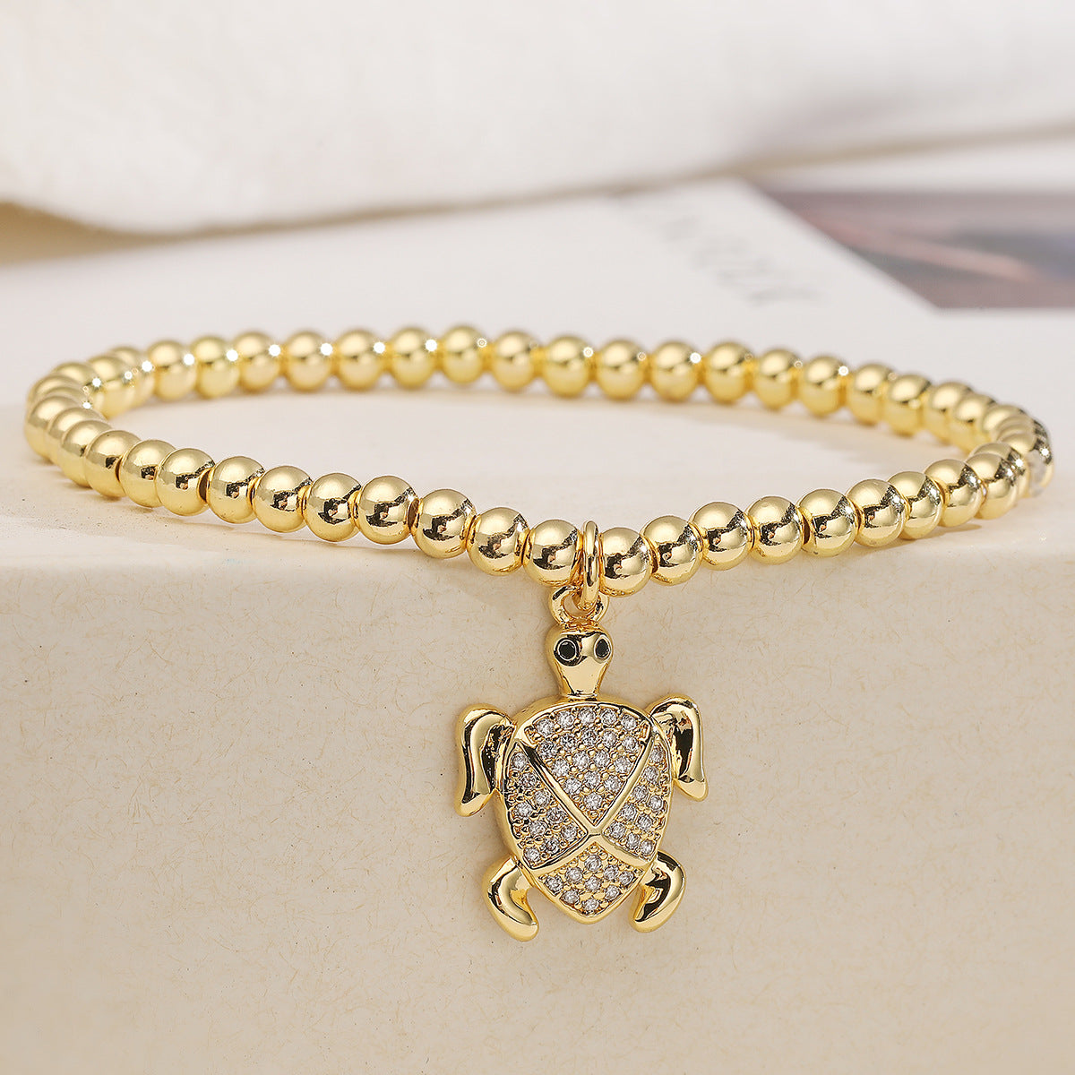Fashion Cute 18K Gold Plated Cubic Zirconia Turtle Animal Brass Ball Chain Bracelet for Women