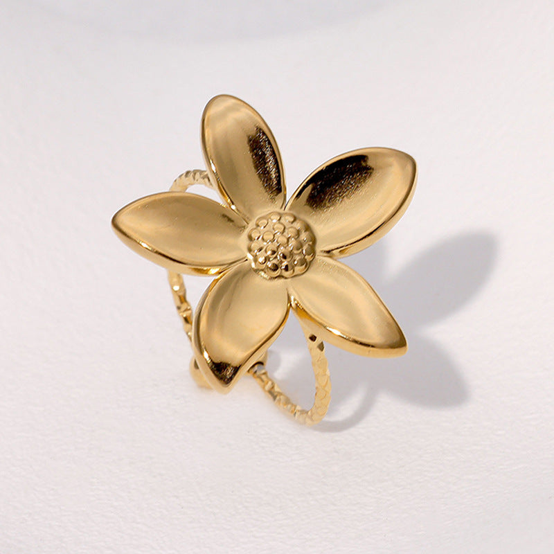 Minimalist Floral Stainless Steel Adjustable Ring with Gold Plating for Women