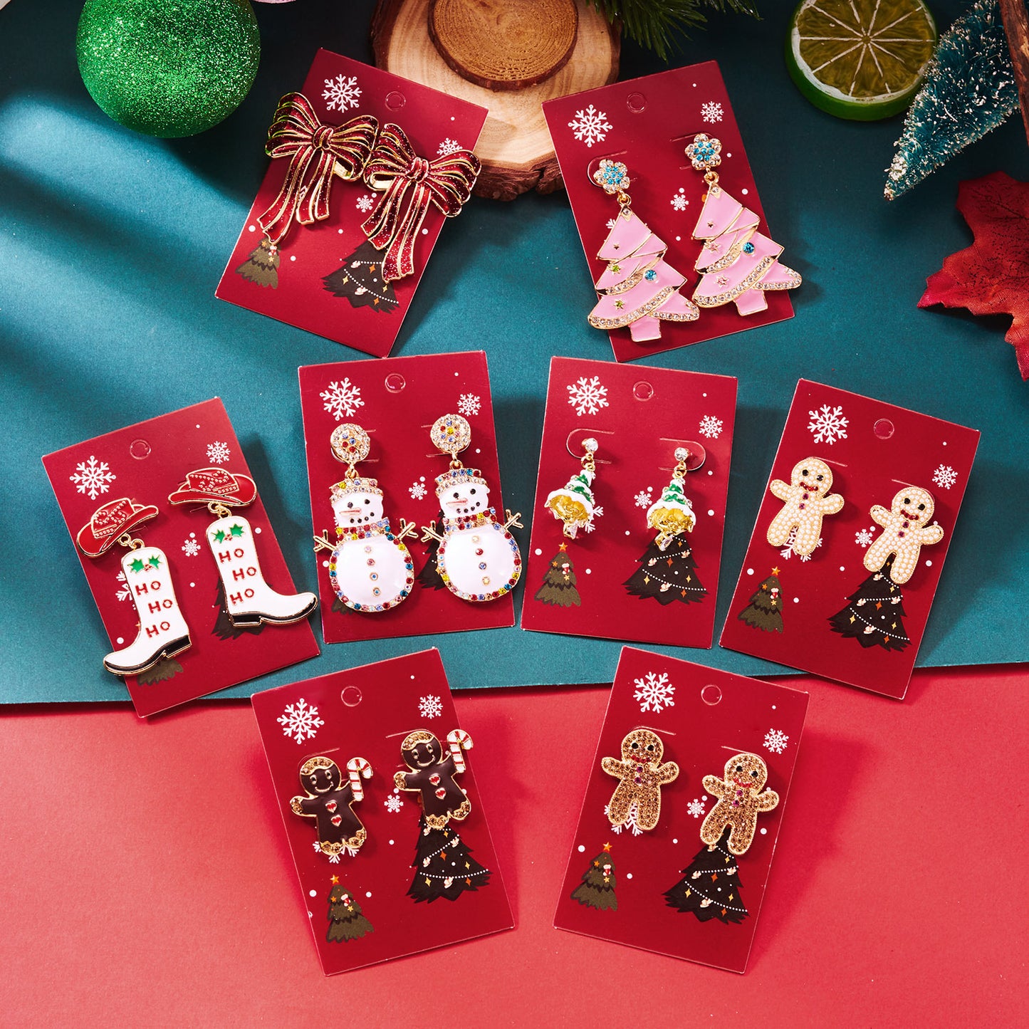 Pendientes colgantes temáticos navideños con diseño de copo de nieve, árbol, muñeco de nieve, bota de vaquero y borla de campana en aleación de zinc con acabado galvanizado para uso unisex