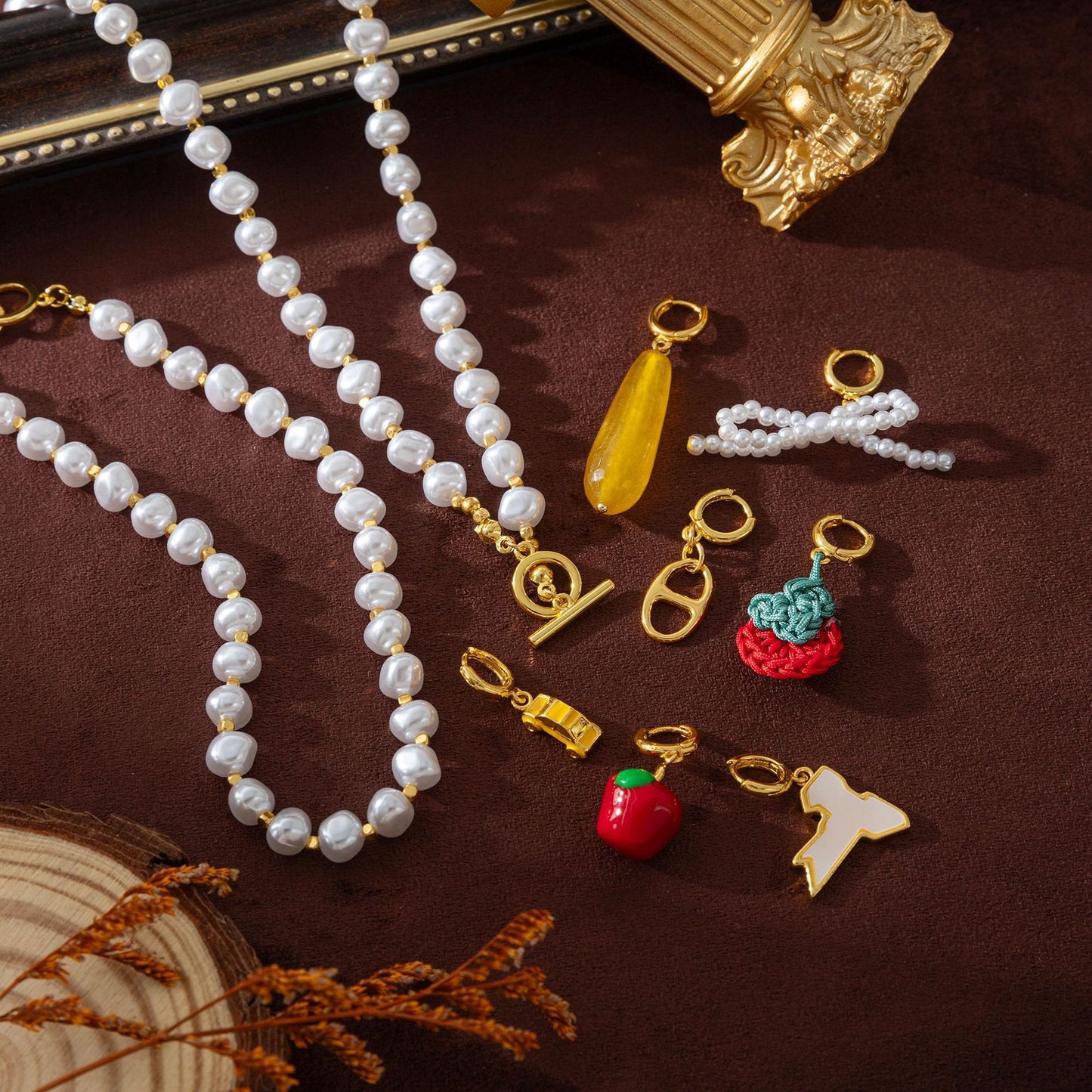 Fruit Apple Strawberry Bow Pearl Plated Brass Bag Charm Pendant