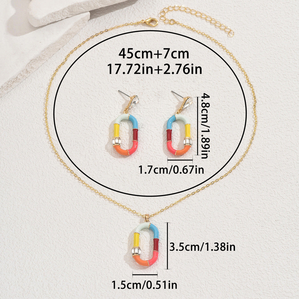 Set collana pendente in smalto colorato stile geometrico con intarsio di strass per donna
