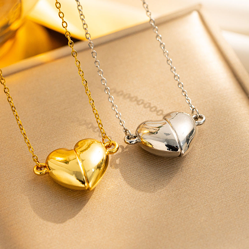 Light Luxury 18K Gold Plated Titanium Steel Heart Pendant Necklace with Magnetic Clasp O-Chain for Women