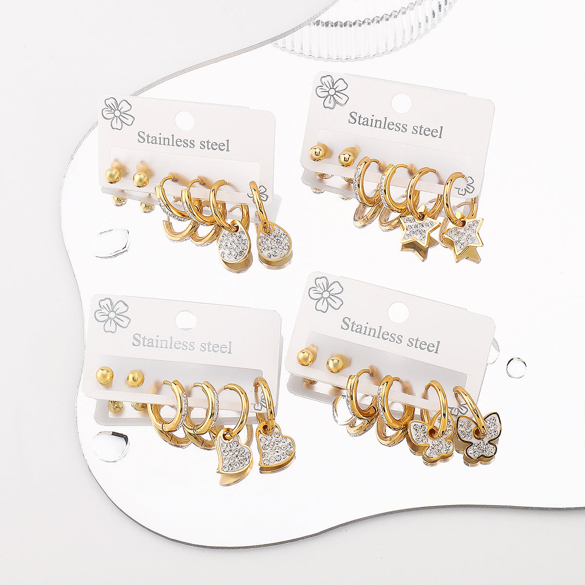 Minimalist Geometric Stainless Steel Rhinestone Ear Studs Set with Enamel Finish for Women