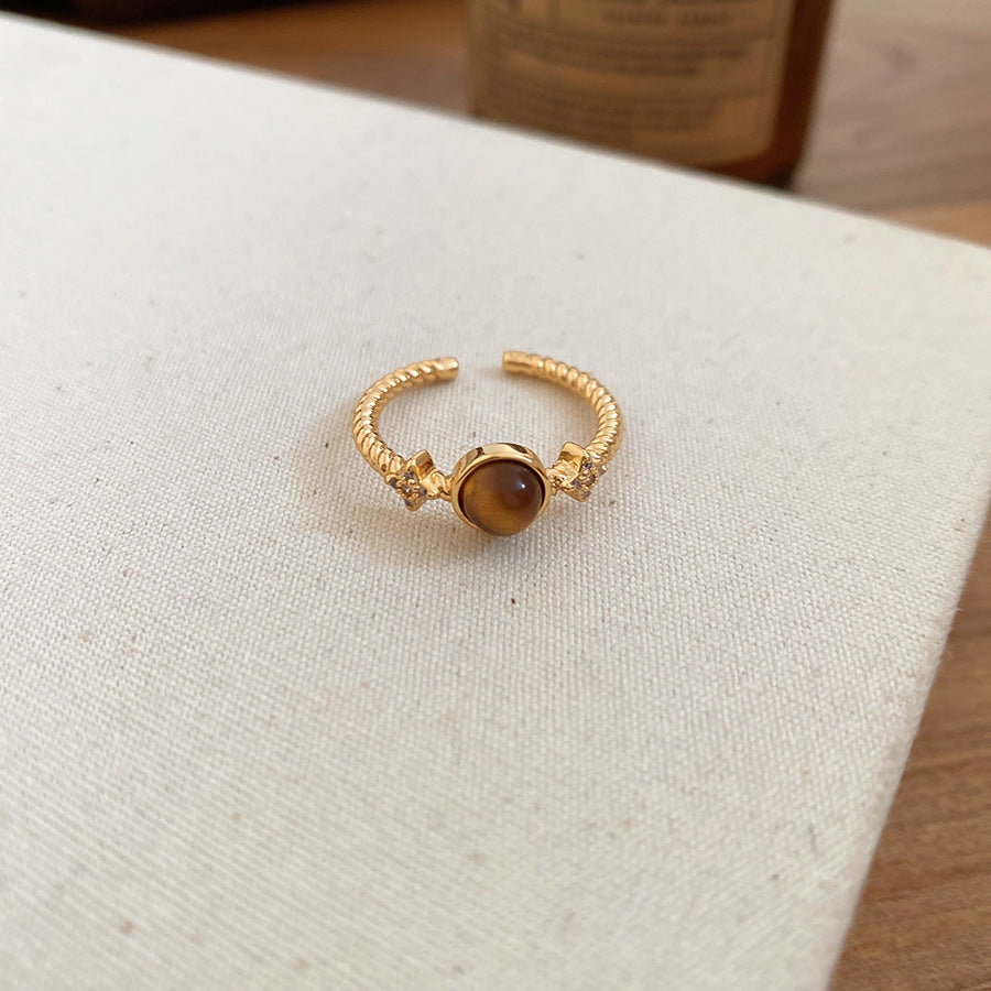 Anello in Occhio di Tigre Geometrico Stile Malaard con Intarsio in Zirconi per Donna, Anello da Dito Regolabile Lusso Minimalista