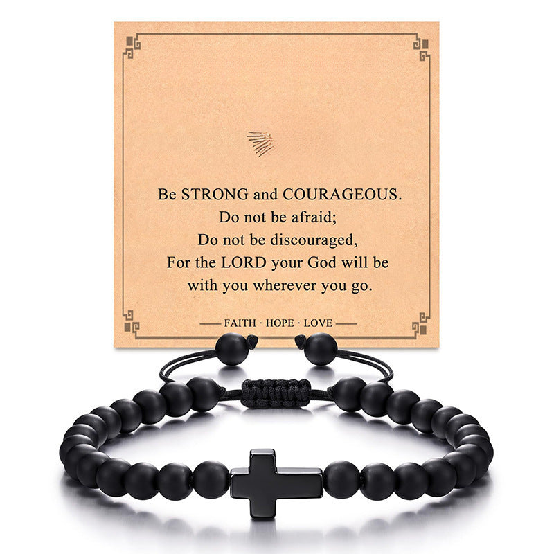 Matte Black Agate Cross Beaded Bracelet for Men