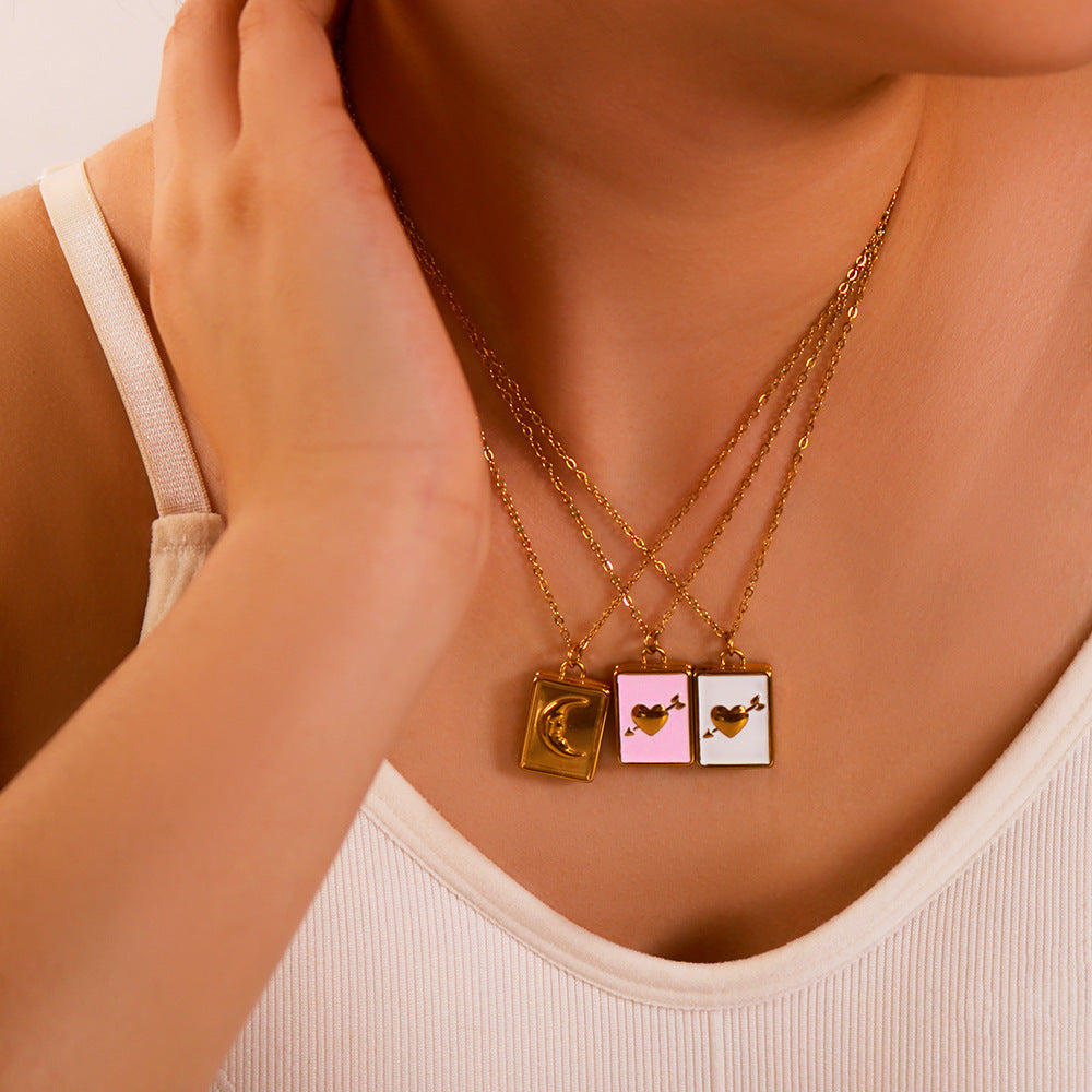 Minimalist Moon and Heart Shaped Enamel Pendant Necklace in Stainless Steel with 18K Vacuum Plated Finish for Women