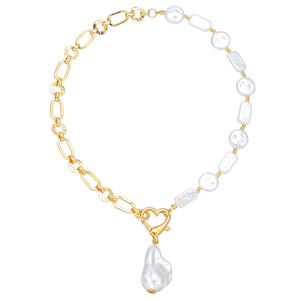 Irregular Baroque Style Imitation Pearl Necklace with Geometric Shape Alloy Chain for Women