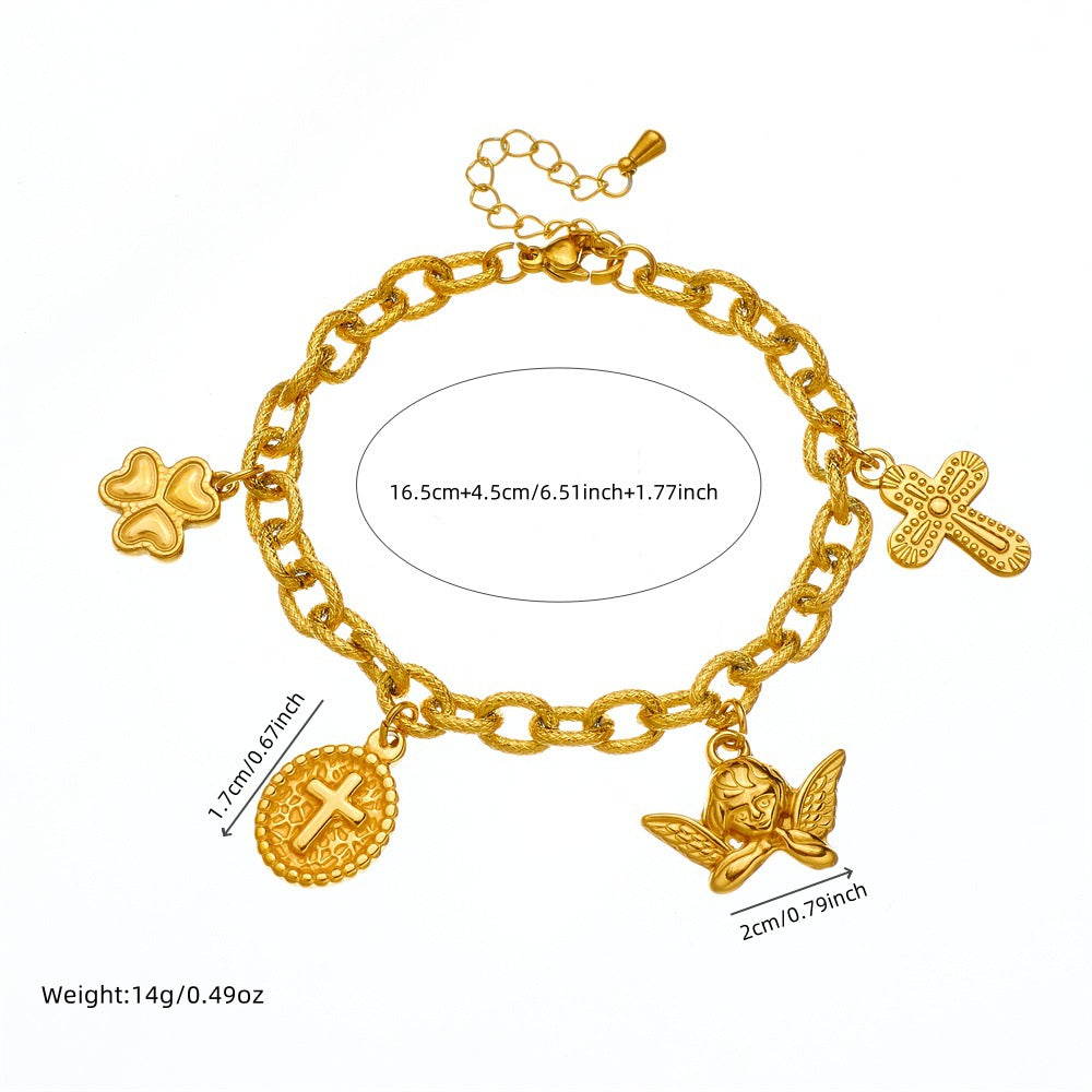 Vintage Luxury Style Oval Cross Angel Pendant Bracelet for Women with Gold Plated Stainless Steel Thick Chain