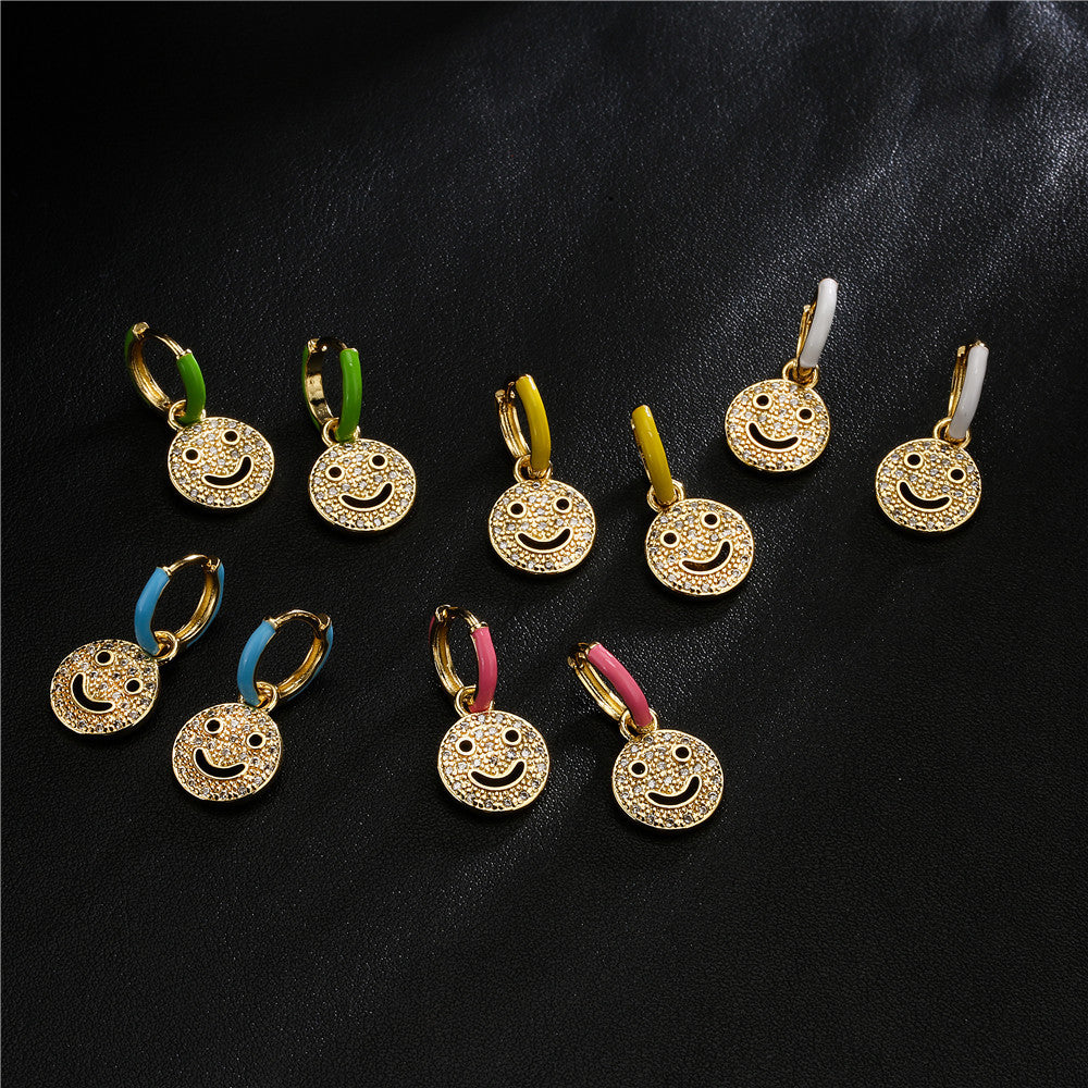 Sweet Geometric Drip Oil Brass Micro-Paved Cubic Zirconia 18K Gold Plated Smile Earrings