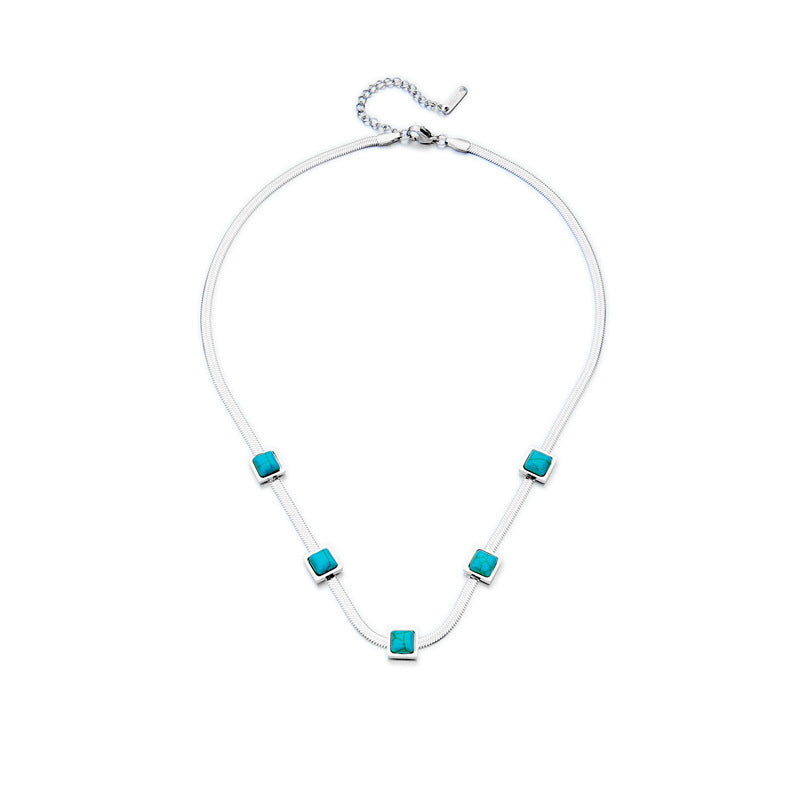 Collana a Catena Serpente con Pendente Quadrato Turchese Geometrico Minimalista alla Moda in Acciaio al Titanio con Placcatura Oro e Argento
