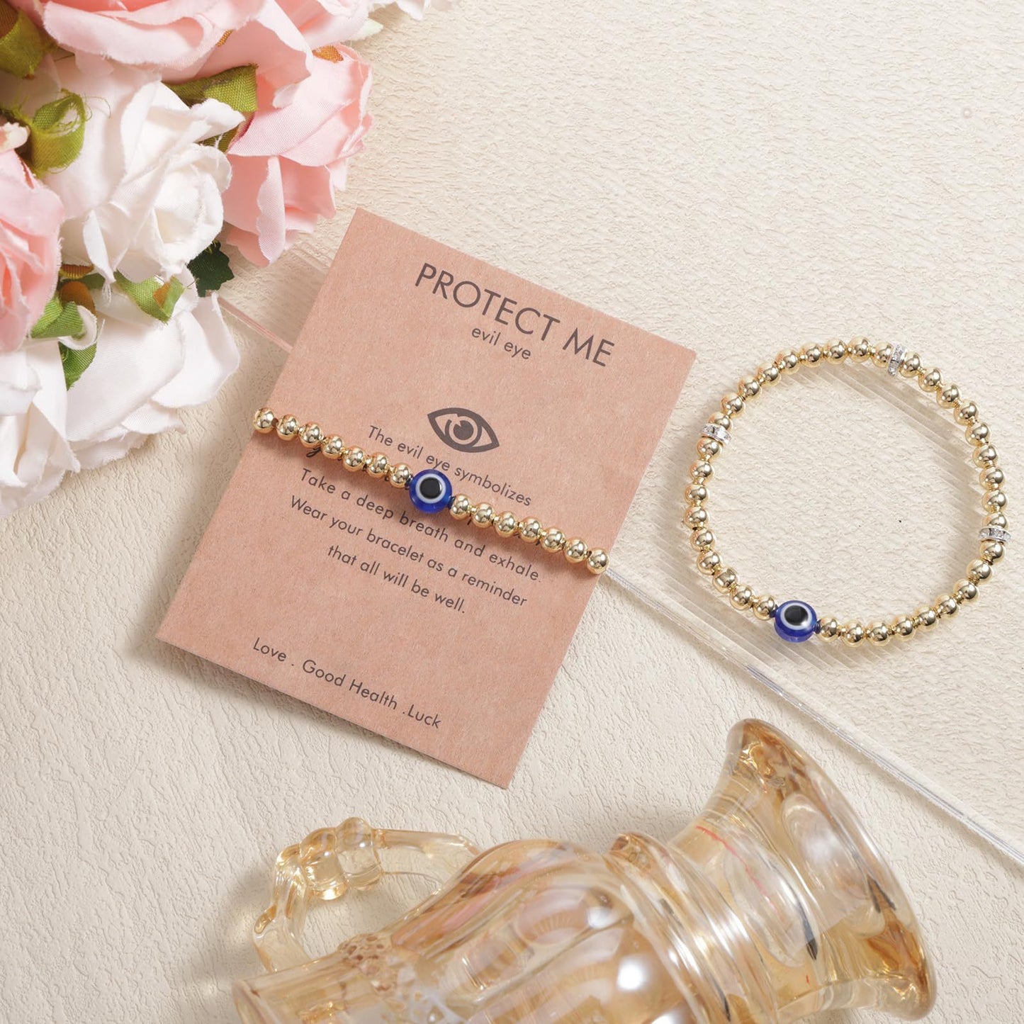 Personalized Evil Eye Stainless Steel Plated Bracelet with Spacer Beads