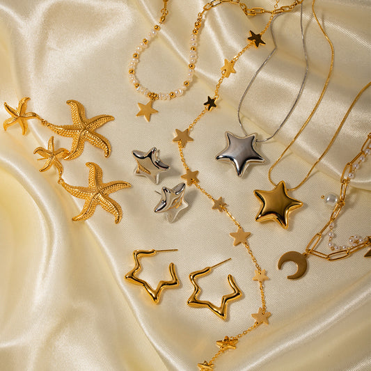 Orecchini minimalisti in acciaio inossidabile a forma di stella con placcatura in oro, design a cerchio sicuro per le donne