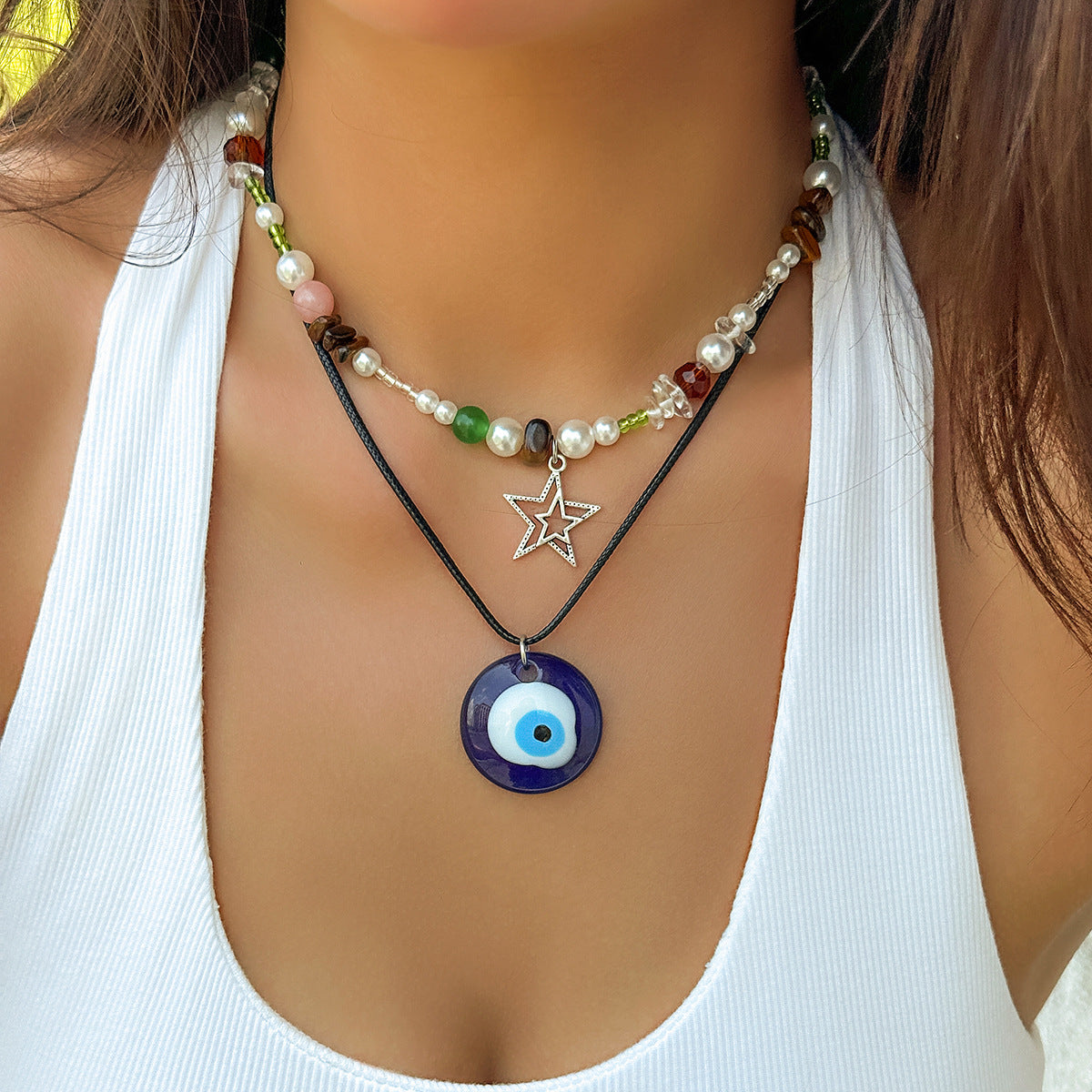 Collana Pendente Occhio di Allah Vintage Turchese da Donna con Perle in Lega e Cordino Cerato a Forma Geometrica