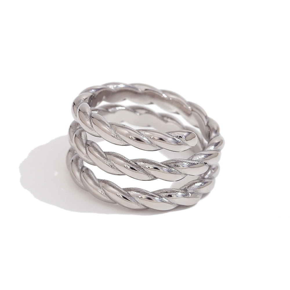 Anillo Abierto Minimalista Geométrico de Triple Espiral Retorcida de Acero Inoxidable con Baño de Oro de 18K para Mujer