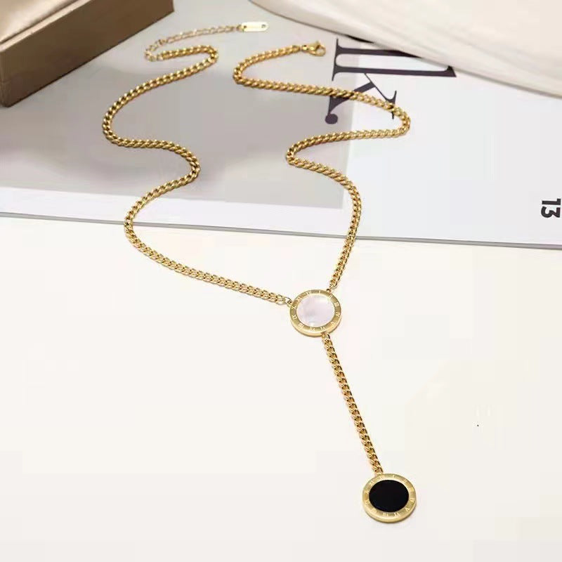 Original Design Letter Shape Titanium Steel Pendant Necklace with Tassel Detail for Sweaters, Adjustable Length, Double-Sided Shell Design