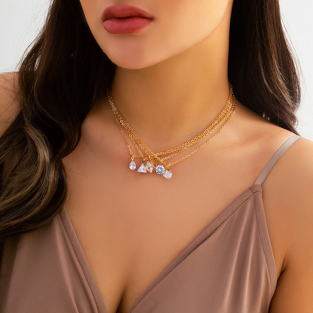 Minimalist Geometric Multi-Layer Dripping Water Drop Necklace for Women with Rhinestone Inlay and Cross Chain