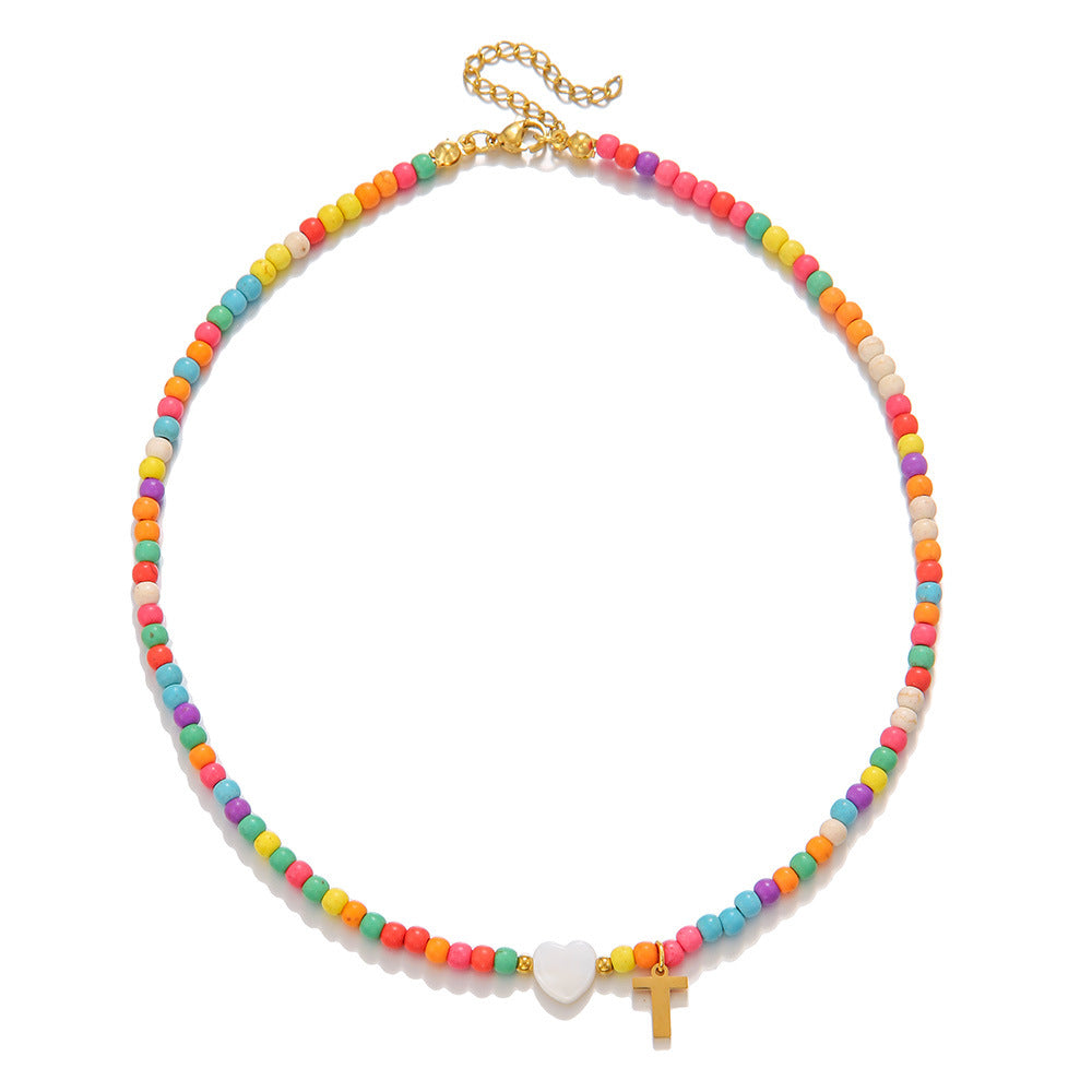 Minimalist Stainless Steel Letter Heart Necklace with Turquoise Inlay Cable Chain Unisex DIY Charm Bar