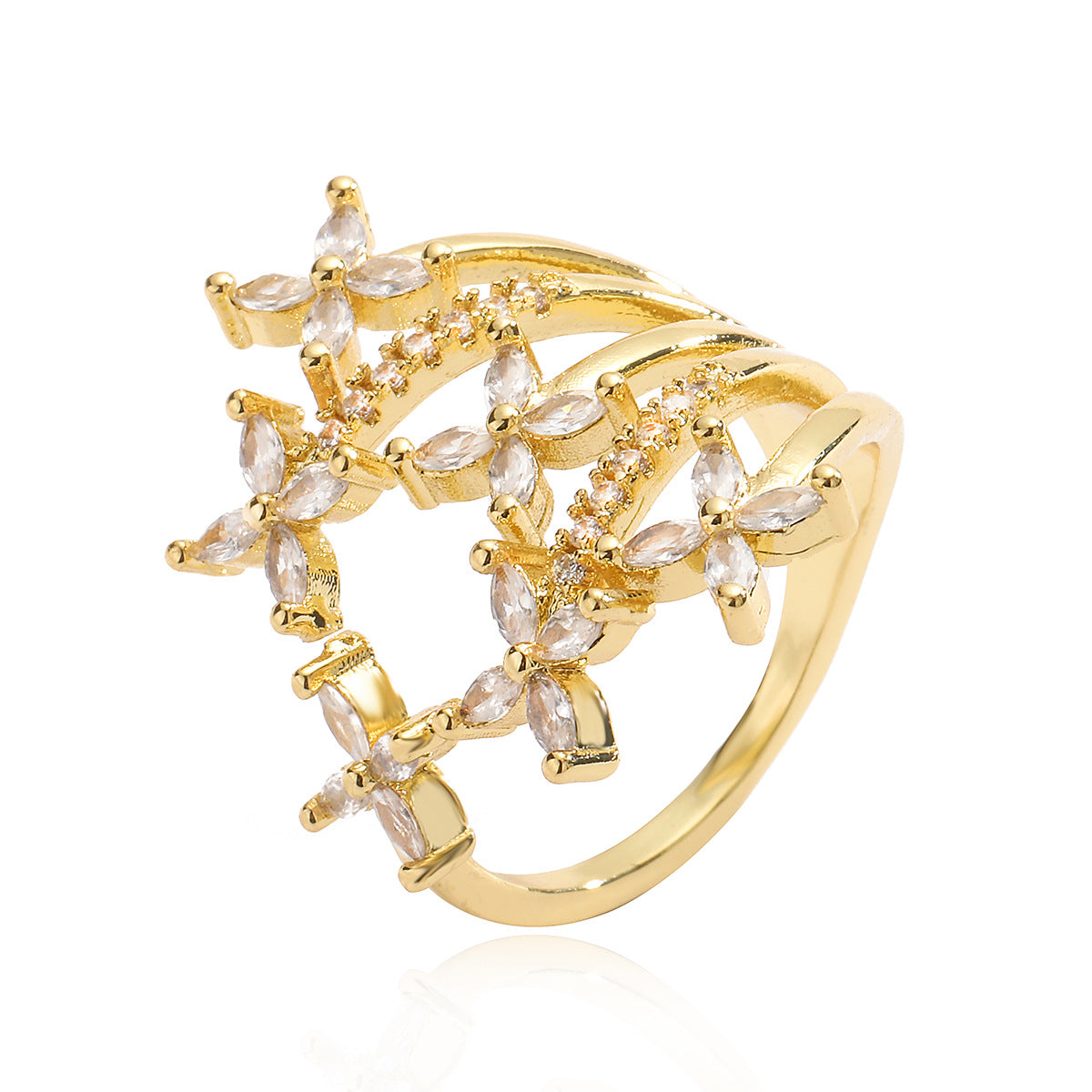 Anello aperto minimalista da donna in ottone, placcato oro, con intarsio di zirconi, dalla forma geometrica irregolare