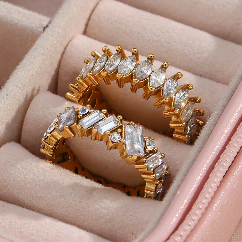 Fashionable Geometric Stainless Steel Ring with Rhinestone Inlay for Women, Electroplated Elegant Hand Jewelry