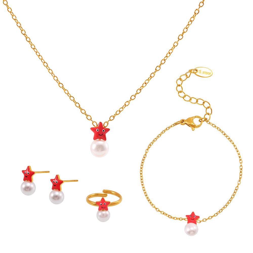 Conjunto de collar, pulsera, pendientes y anillo de perlas de estrella de mar a la moda para mujer, colgante de acero inoxidable con acabado chapado