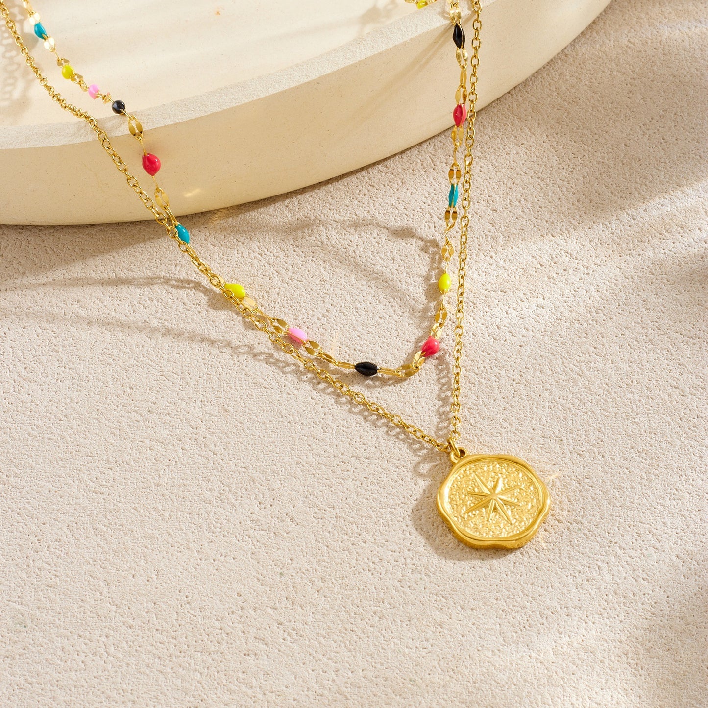 Minimalist Double Layer Colorful Drip Oil Eight-Pointed Star Round Stainless Steel Necklace for Women