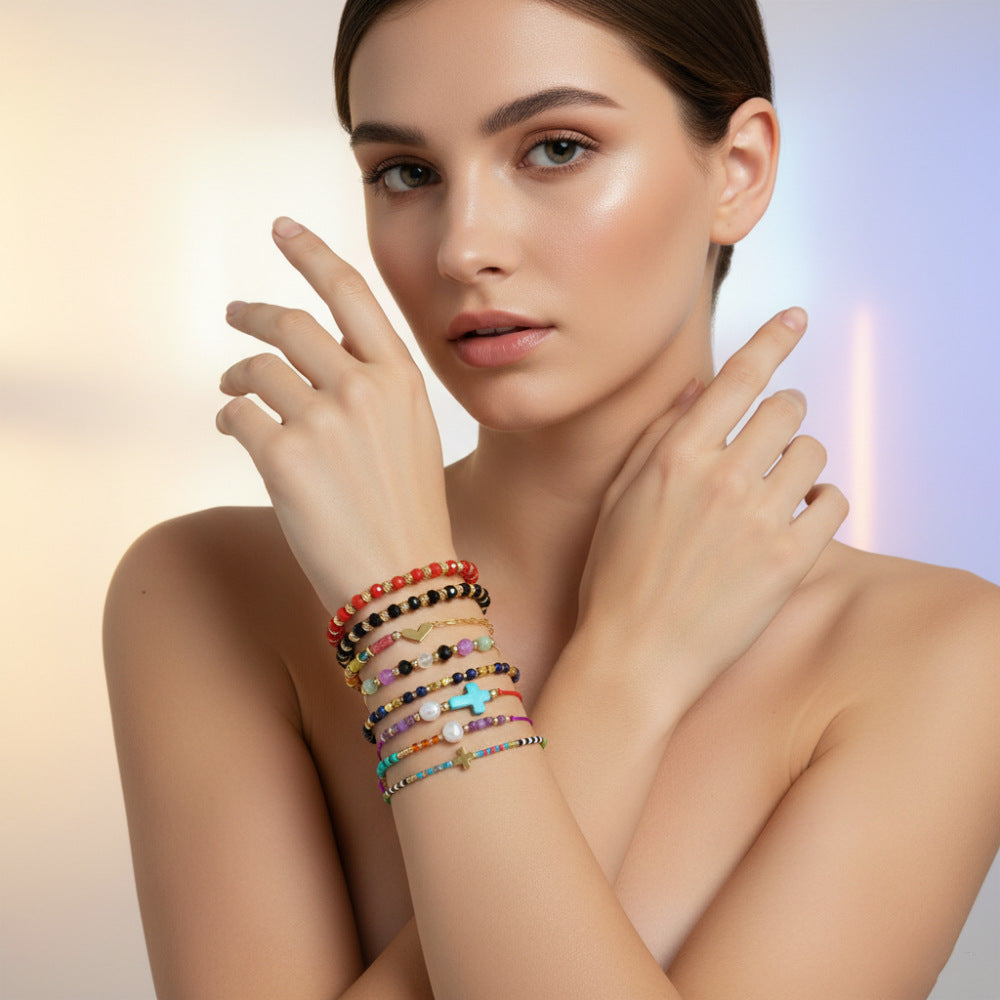 Minimalist Bohemian Cross Heart Geometric Handmade Crystal Pearl Beaded Bracelet