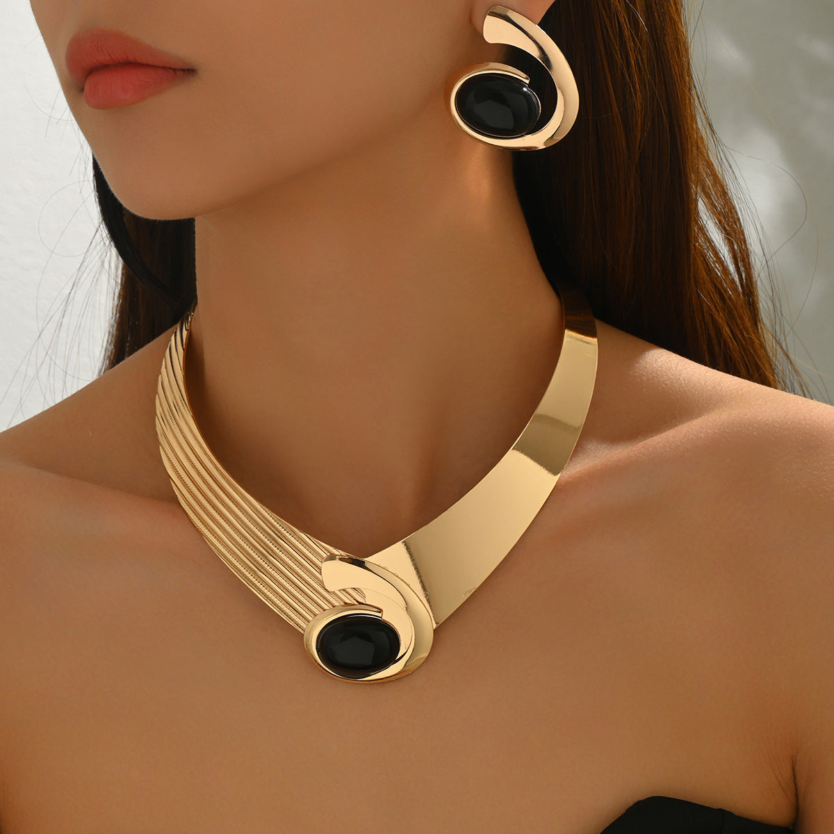 Juego de collar y pendientes de gema incrustada geométrica para mujer, joyería de moda de aleación con motivos circulares de lunares y anillos
