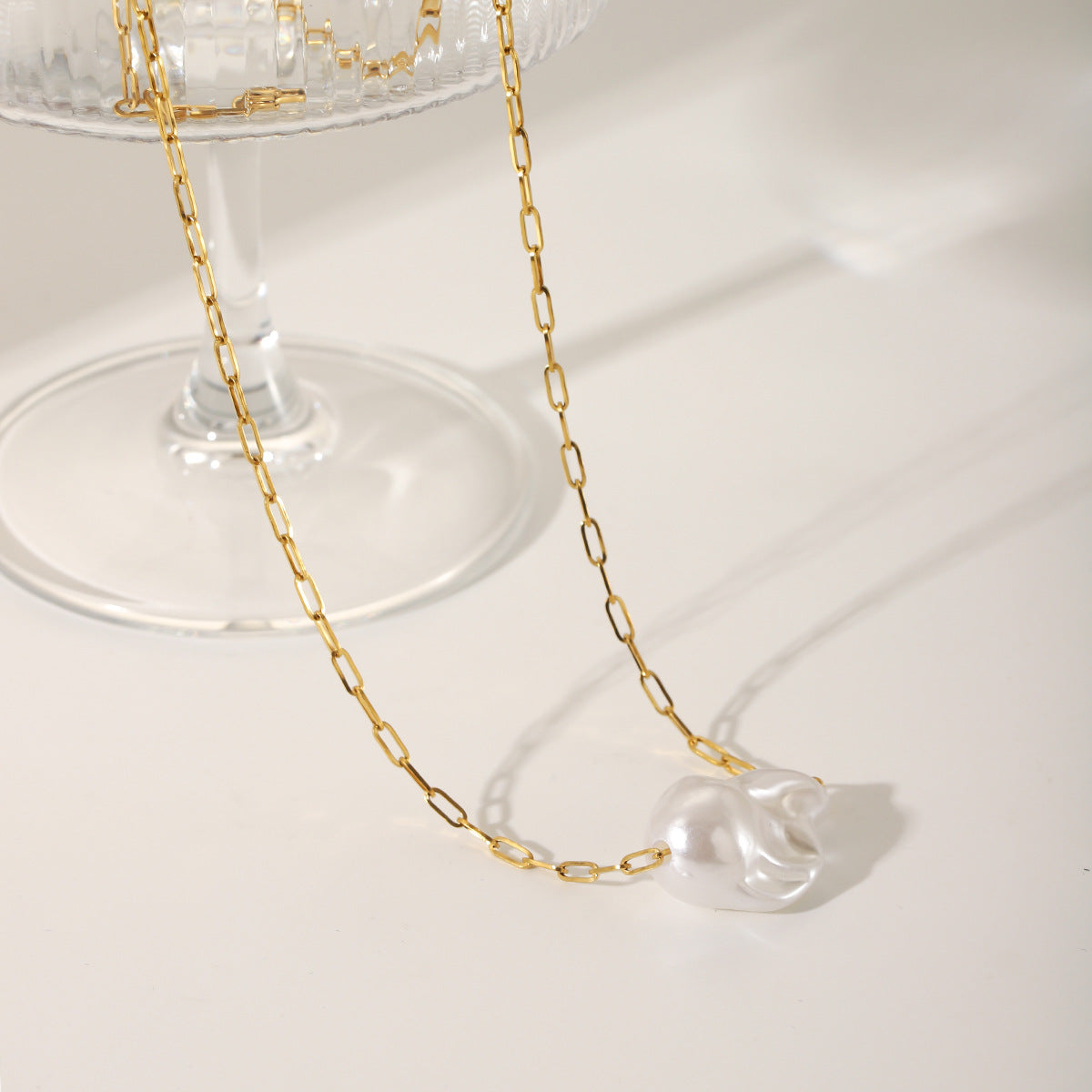 Ins Style 18K Gold Plated Stainless Steel Cross Chain Baroque Pearl Pendant Necklace for Women